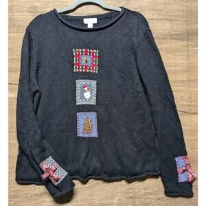 Northern Isles Wmns Sz L Black Christmas Crew Neck Sweater Cottage Cozy